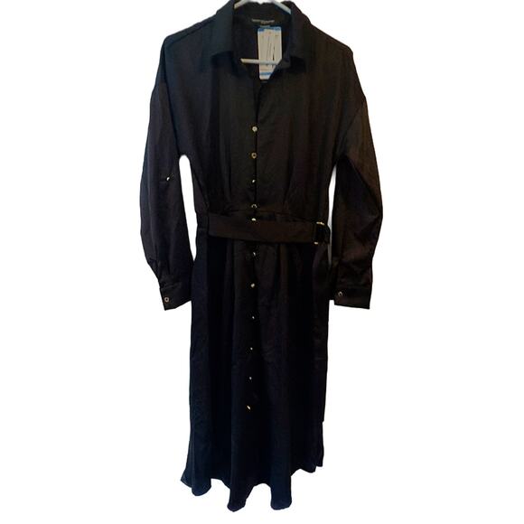 New French Connection Button Front Shirt Midi Dress Pockets Black Large NWT - Picture 4 of 7